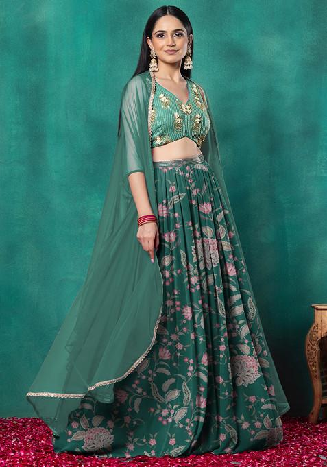 Green Lehenga Set With Floral Sequin Hand Embroidered Blouse And Dupatta