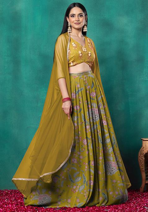 Mustard Lehenga Set With Floral Sequin Hand Embroidered Blouse And Dupatta