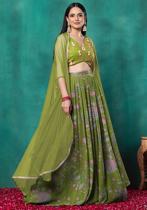 Light Green Lehenga Set With Floral Sequin Hand Embroidered Blouse And Dupatta