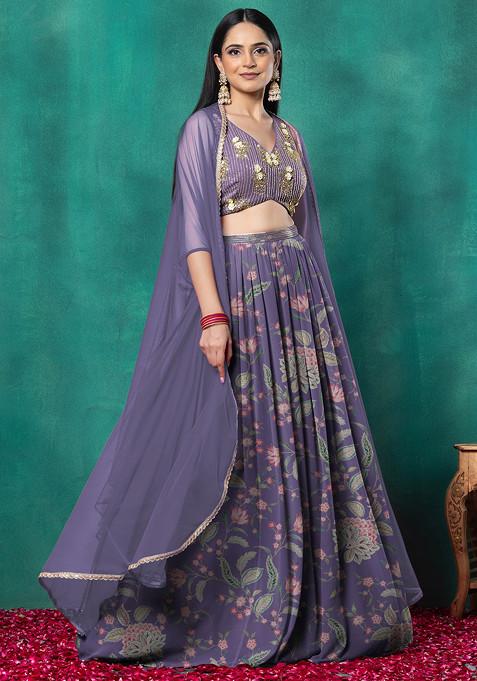 Purple Lehenga Set With Floral Sequin Hand Embroidered Blouse And Dupatta