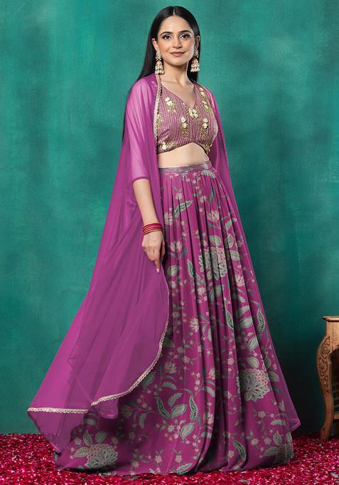 Fuchsia Pink Lehenga Set With Floral Sequin Hand Embroidered Blouse And Dupatta