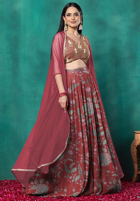 Red Lehenga Set With Floral Sequin Hand Embroidered Blouse And Dupatta