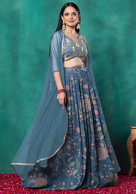 Blue Lehenga Set With Floral Sequin Hand Embroidered Blouse And Dupatta