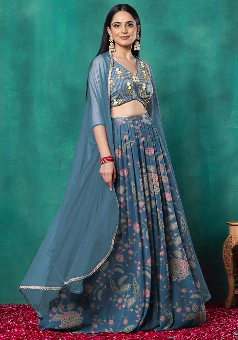 Blue Lehenga Set With Floral Sequin Hand Embroidered Blouse And Dupatta