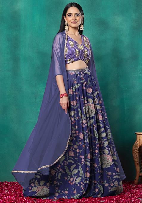 Teal Blue Lehenga Set With Floral Sequin Hand Embroidered Blouse And Dupatta