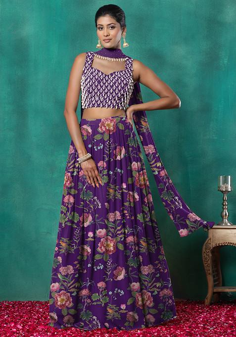 Dark Purple Lehenga Set With Geometric Pearl Hand Embroidered Blouse And Choker Dupatta