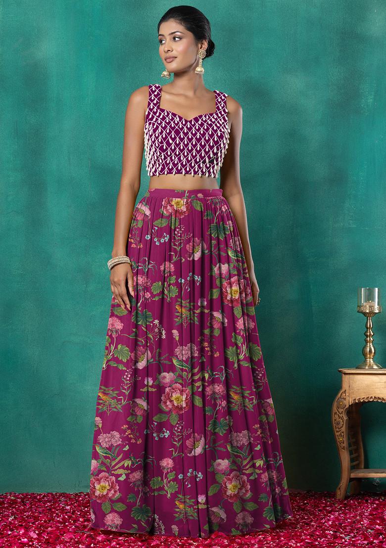 Rani Pink Lehenga Set With Geometric Pearl Hand Embroidered Blouse And Choker Dupatta