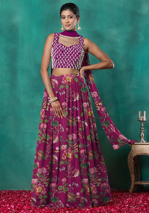 Rani Pink Lehenga Set With Geometric Pearl Hand Embroidered Blouse And Choker Dupatta