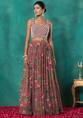 Pink Lehenga Set With Geometric Pearl Hand Embroidered Blouse And Choker Dupatta