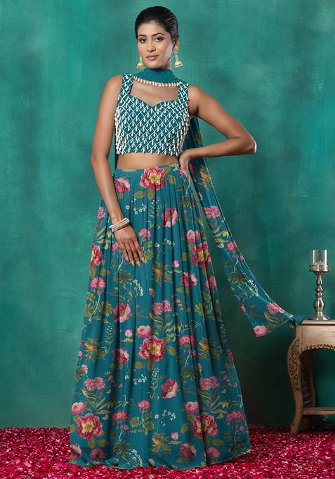 Blue Lehenga Set With Geometric Pearl Hand Embroidered Blouse And Choker Dupatta