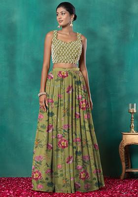 Lime Green Lehenga Set With Geometric Pearl Hand Embroidered Blouse And Choker Dupatta