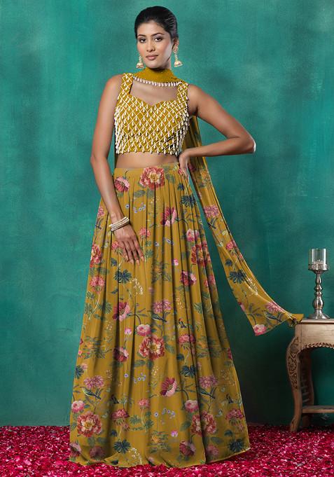 Mustard Lehenga Set With Geometric Pearl Hand Embroidered Blouse And Choker Dupatta