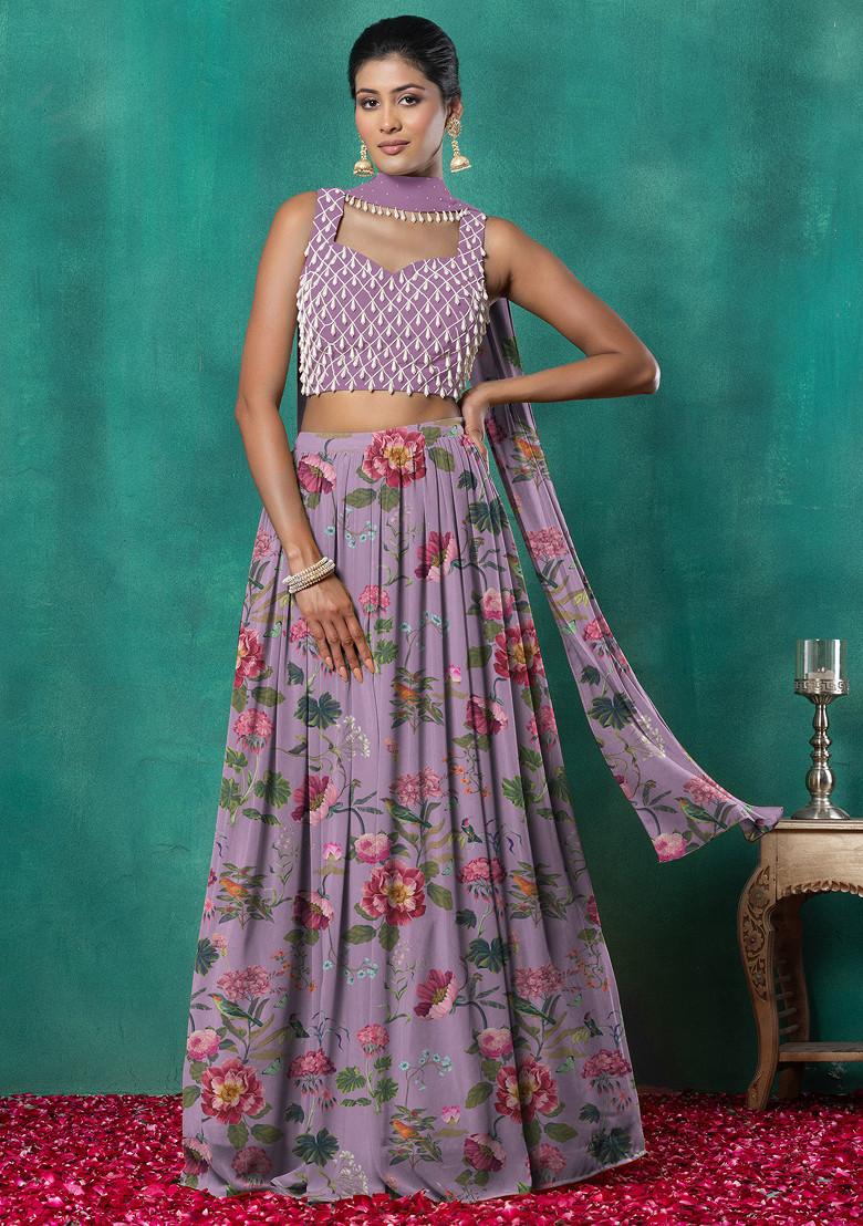 Pink Lehenga Set With Geometric Pearl Hand Embroidered Blouse And Choker Dupatta