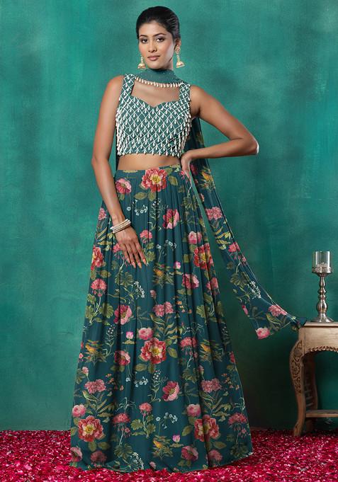 Green Lehenga Set With Geometric Pearl Hand Embroidered Blouse And Choker Dupatta