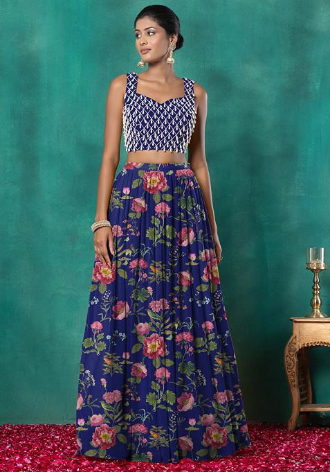 Blue Lehenga Set With Geometric Pearl Hand Embroidered Blouse And Choker Dupatta