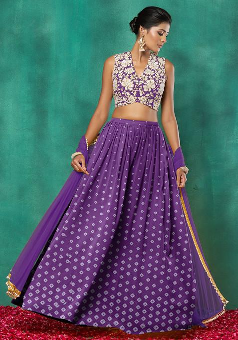 Purple Lehenga Set With Floral Sequin Hand Embroidered Blouse And Dupatta