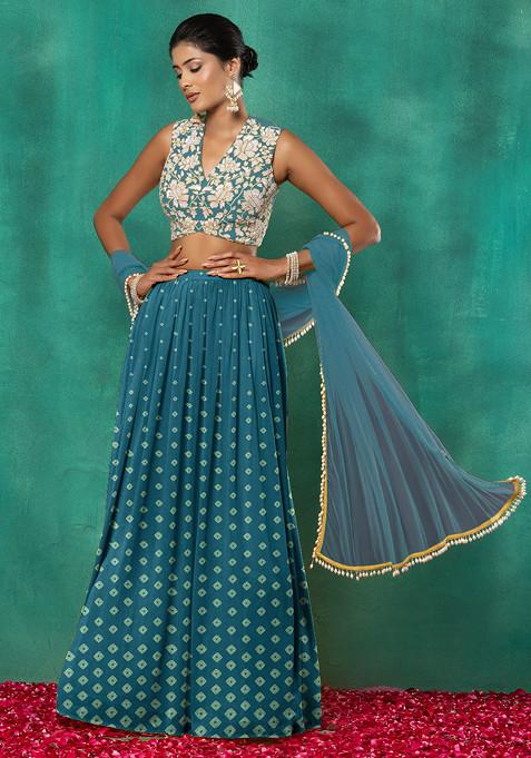 Blue Lehenga Set With Floral Sequin Hand Embroidered Blouse And Dupatta