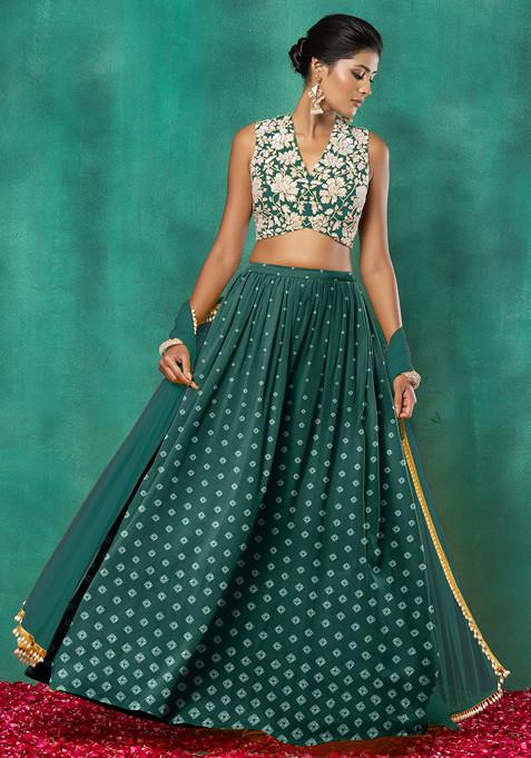 Dark Green Lehenga Set With Floral Sequin Hand Embroidered Blouse And Dupatta