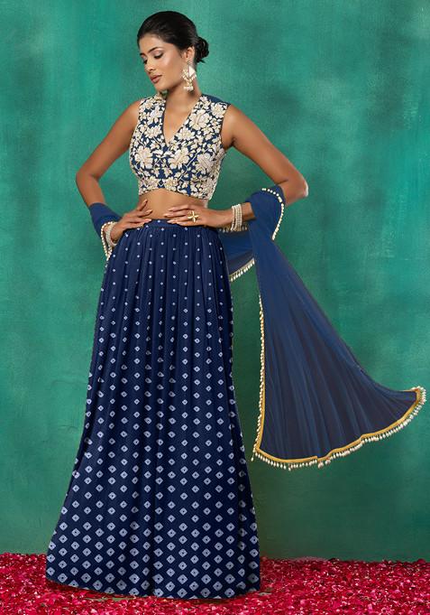 Navy Blue Lehenga Set With Floral Sequin Hand Embroidered Blouse And Dupatta