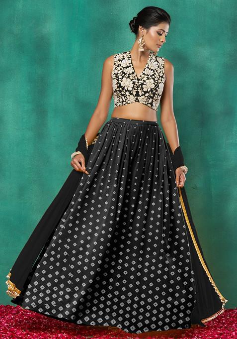 Black Lehenga Set With Floral Sequin Hand Embroidered Blouse And Dupatta