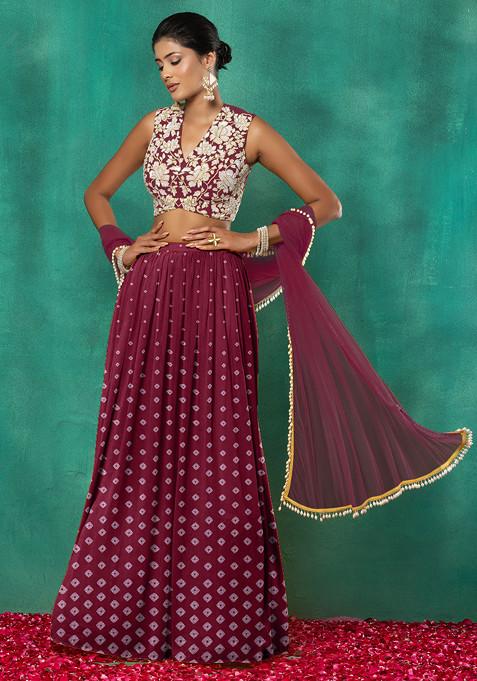 Dark Pink Lehenga Set With Floral Sequin Hand Embroidered Blouse And Dupatta