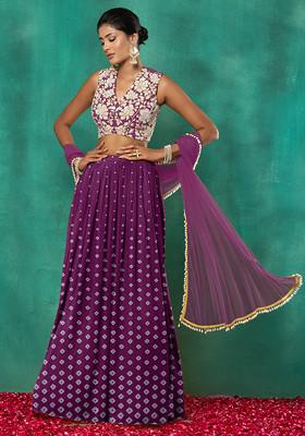 Purple Lehenga Set With Floral Sequin Hand Embroidered Blouse And Dupatta