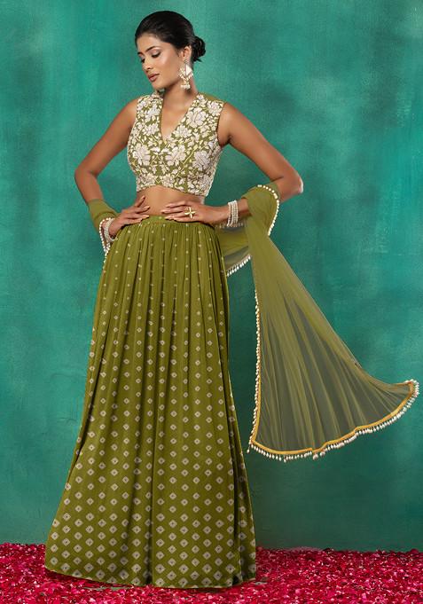 Mehendi Green Lehenga Set With Floral Sequin Hand Embroidered Blouse And Dupatta