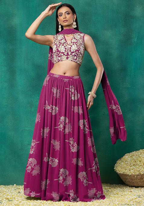 Pink Lehenga Set With Floral Sequin Hand Embroidered Blouse And Choker Dupatta