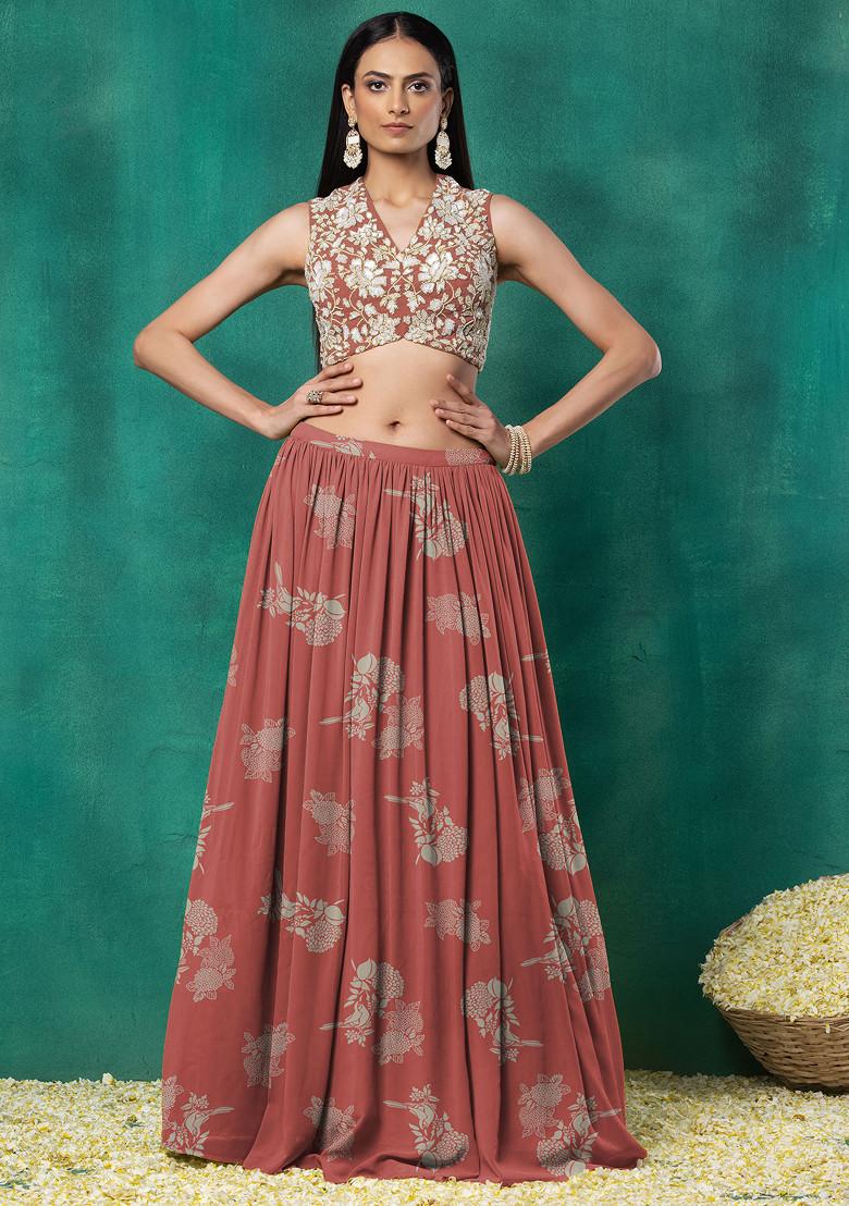 Peach Lehenga Set With Floral Sequin Hand Embroidered Blouse And Choker Dupatta