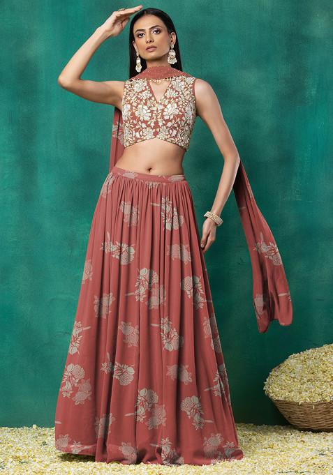 Peach Lehenga Set With Floral Sequin Hand Embroidered Blouse And Choker Dupatta