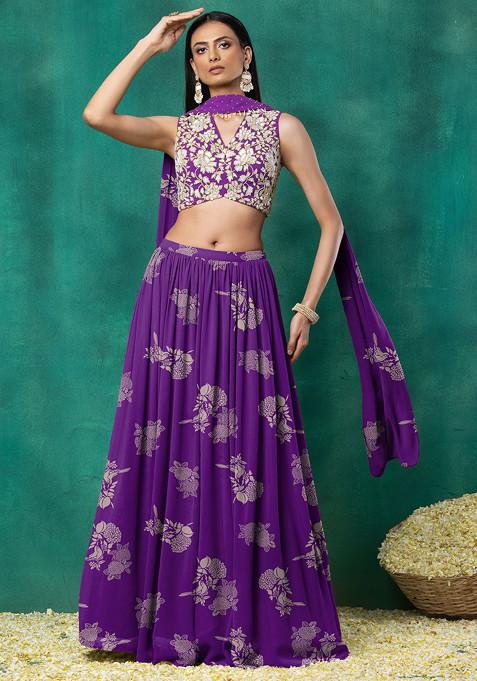 Purple Lehenga Set With Floral Sequin Hand Embroidered Blouse And Choker Dupatta