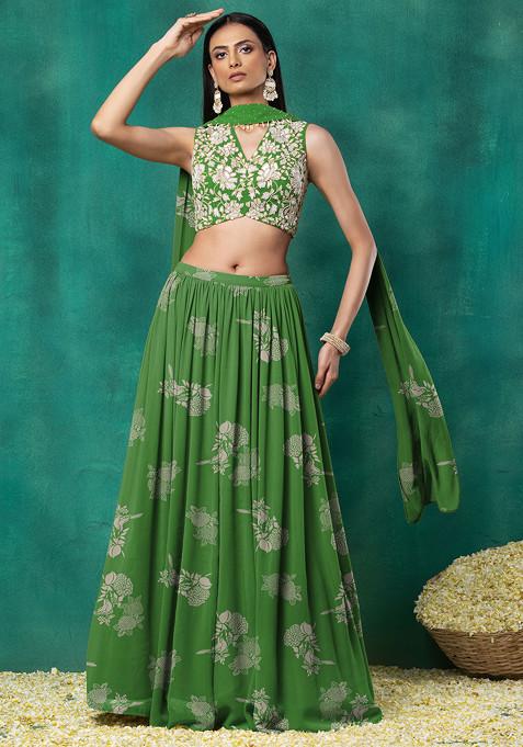 Lime Green Lehenga Set With Floral Sequin Hand Embroidered Blouse And Choker Dupatta