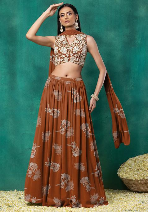 Orange Lehenga Set With Floral Sequin Hand Embroidered Blouse And Choker Dupatta