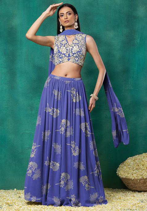 Purple Lehenga Set With Floral Sequin Hand Embroidered Blouse And Choker Dupatta