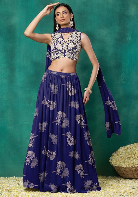 Navy Blue Lehenga Set With Floral Sequin Hand Embroidered Blouse And Choker Dupatta