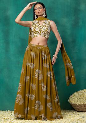 Mustard Lehenga Set With Floral Sequin Hand Embroidered Blouse And Choker Dupatta