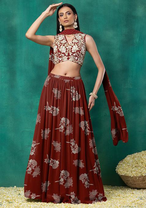 Brown Lehenga Set With Floral Sequin Hand Embroidered Blouse And Choker Dupatta