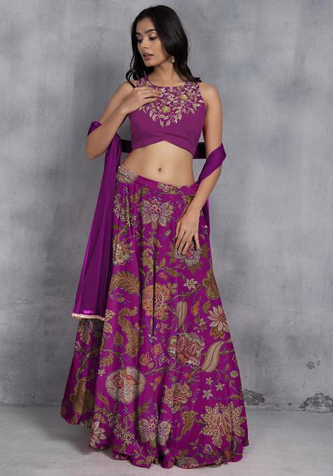 Hot Pink Lehenga Set With Sequin Hand Embroidered Blouse And Mesh Dupatta