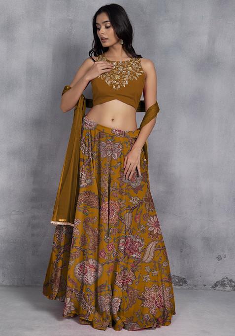 Yellow Lehenga Set With Sequin Hand Embroidered Blouse And Mesh Dupatta