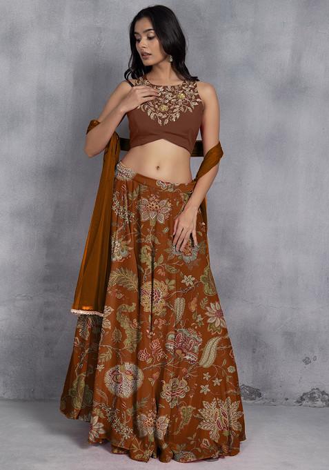 Orange Lehenga Set With Sequin Hand Embroidered Blouse And Mesh Dupatta