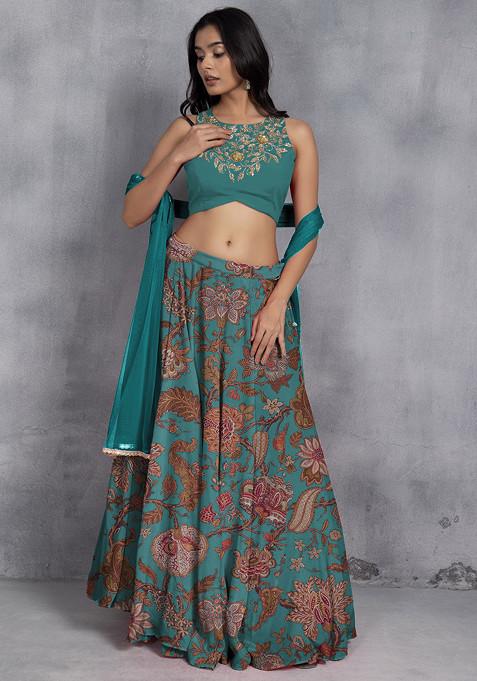 Blue Lehenga Set With Sequin Hand Embroidered Blouse And Mesh Dupatta