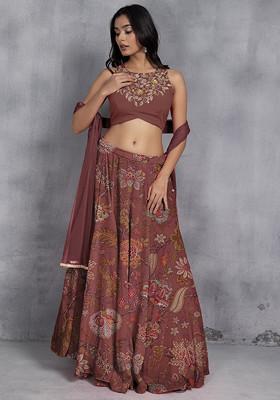 Rust Pink Lehenga Set With Sequin Hand Embroidered Blouse And Mesh Dupatta