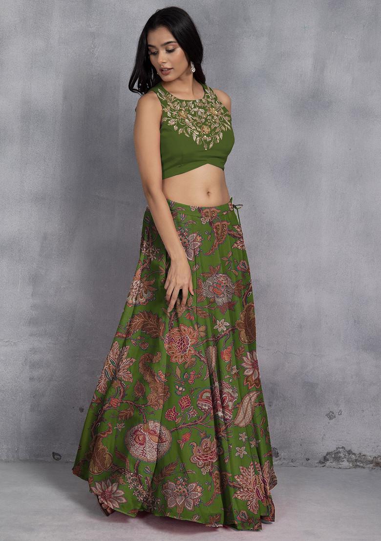 Green Lehenga Set With Sequin Hand Embroidered Blouse And Mesh Dupatta