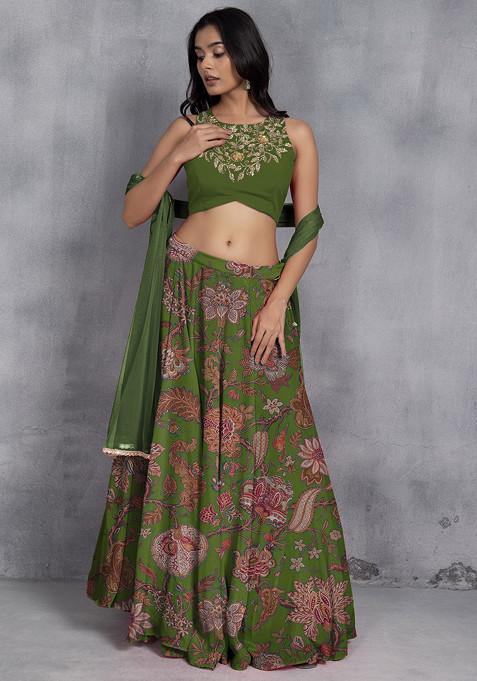 Green Lehenga Set With Sequin Hand Embroidered Blouse And Mesh Dupatta