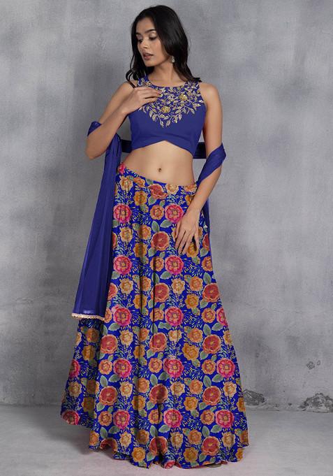 Blue Lehenga Set With Sequin Hand Embroidered Blouse And Mesh Dupatta