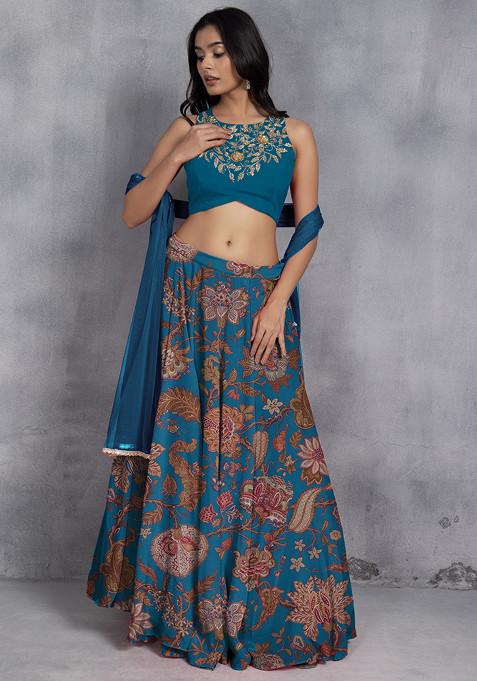 Sea Blue Lehenga Set With Sequin Hand Embroidered Blouse And Mesh Dupatta