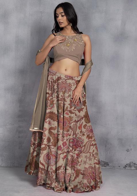 Beige Lehenga Set With Sequin Hand Embroidered Blouse And Mesh Dupatta