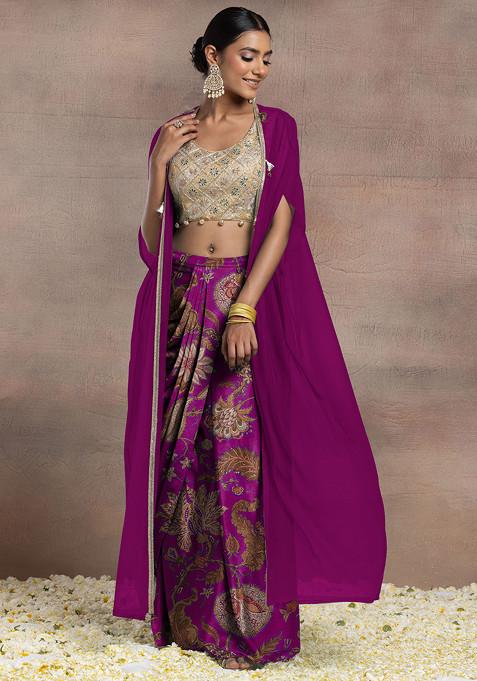 Pink Draped Lehenga Set With Gold Dori Sequin Hand Embroidered Blouse And Mesh Jacket