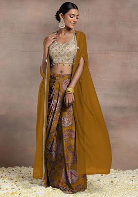 Mustard Draped Lehenga Set With Gold Dori Sequin Hand Embroidered Blouse And Mesh Jacket