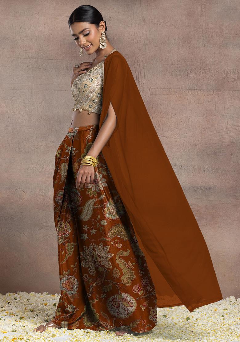 Orange Draped Lehenga Set With Gold Dori Sequin Hand Embroidered Blouse And Mesh Jacket